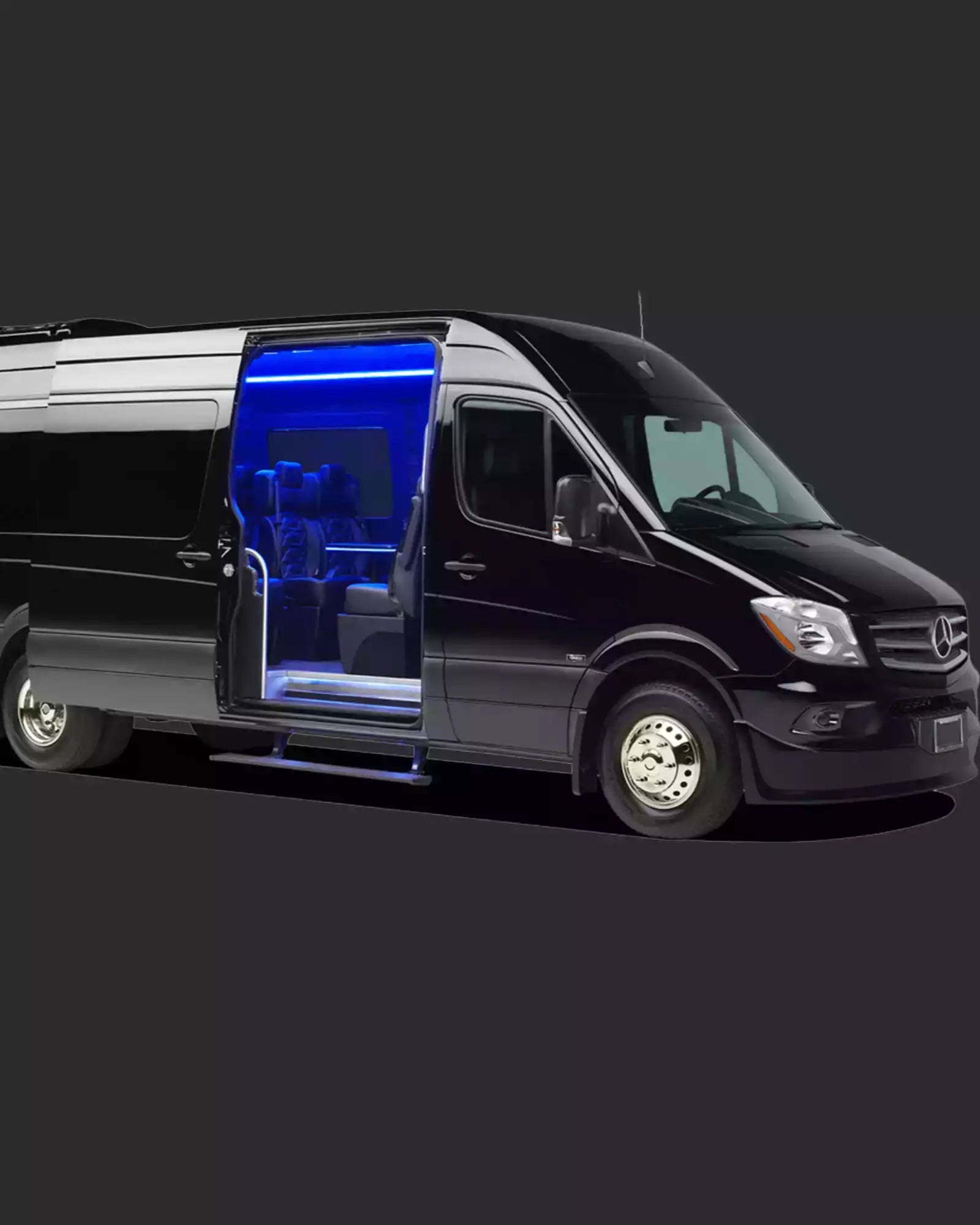 Black van with open door revealing blue interior on a dark background