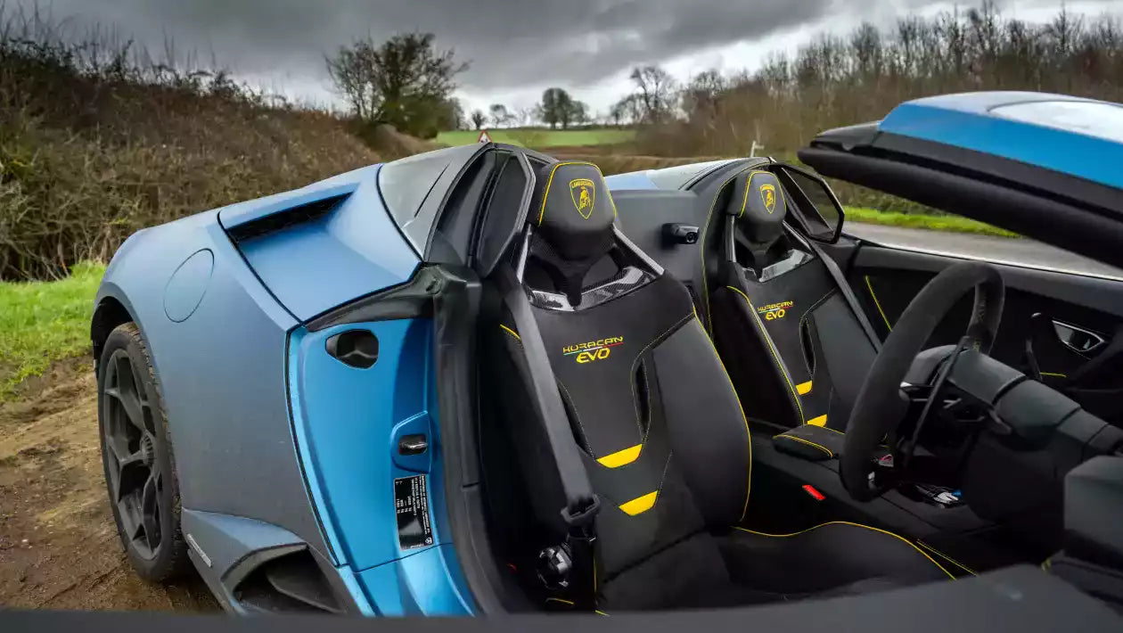 Close-up of a sports car's interior with open doors, showing the brand logo.