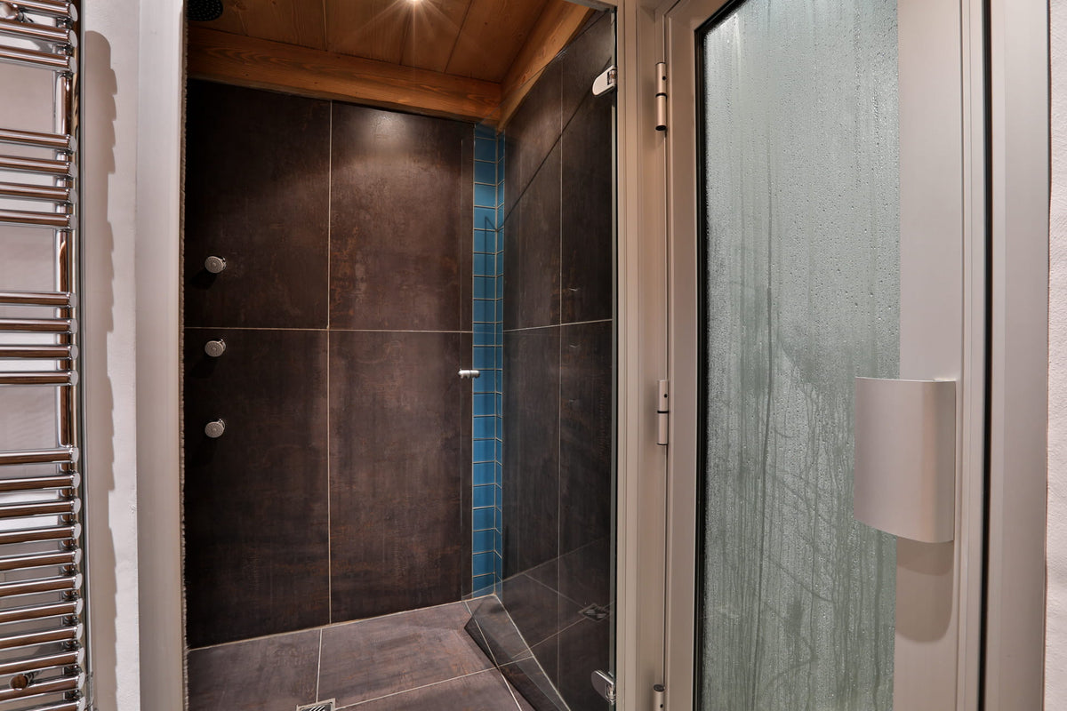 A modern walk-in shower enclosure with dark brown textured wall tiles, a vertical blue tile accent strip, and a frosted glass door with a white handle.