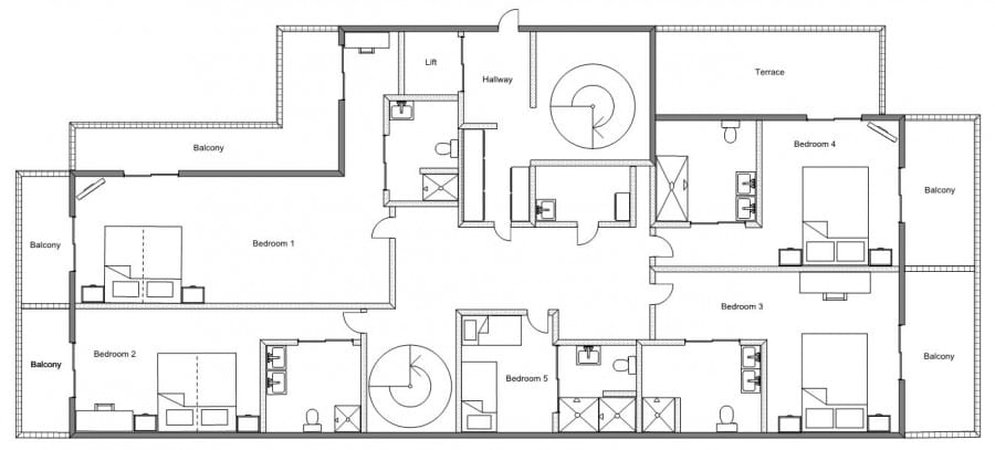 A black-and-white architectural floor plan showing a multi-room layout with labeled areas such as bedrooms, bathrooms, hallways, and a terrace.