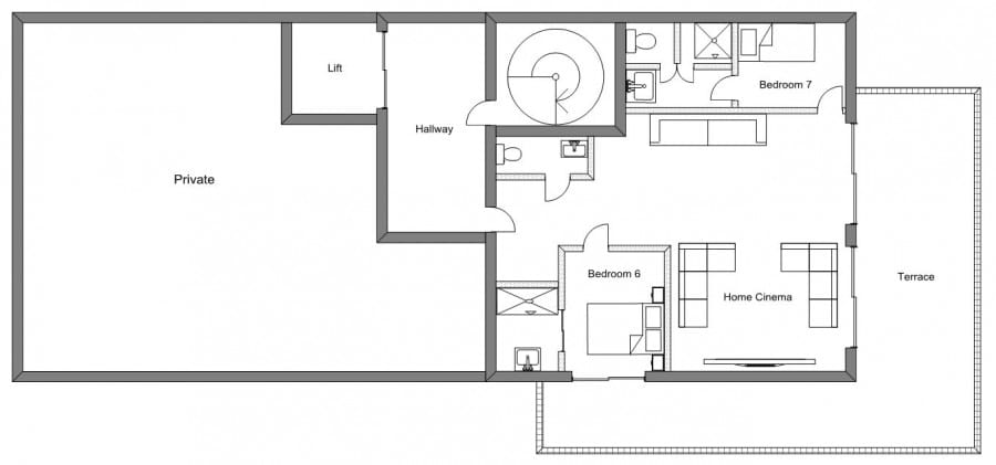 A black and white floor plan diagram showing the layout of a two-bedroom apartment or house, including a large private room, hallway, lift, bedrooms, bathrooms, home cinema, and terrace.