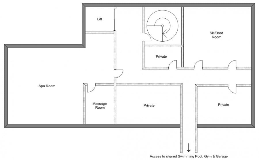 A black and white floor plan diagram showing the layout of rooms including a Spa Room, Massage Room, Lift, SkilBoot Room, Private rooms, and access to a shared swimming pool, gym, and garage.