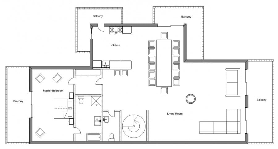 A black and white floor plan diagram showing a two-bedroom apartment layout with labeled rooms including master bedroom, kitchen, dining room, living room, and multiple balconies.