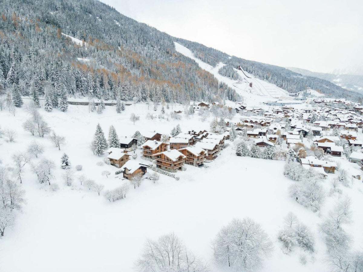 Aerial view of a snow-covered alpine village with wooden chalets nestled in a snowy valley, surrounded by dense evergreen forests on a mountain slope under an overcast sky.