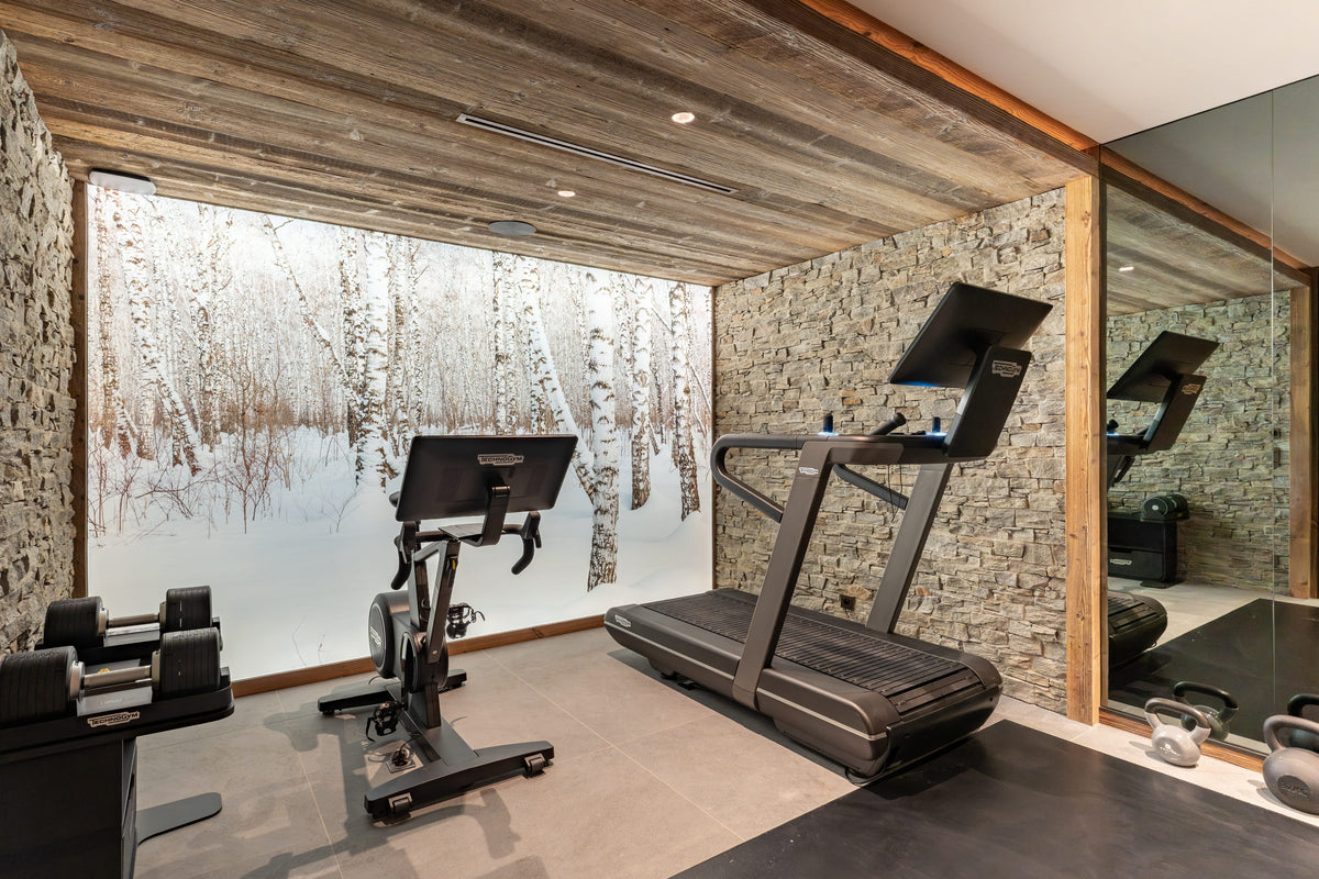 A modern home gym interior featuring a treadmill, an indoor stationary bike, and dumbbells against a large winter forest mural, with stone walls and wood ceiling panels.