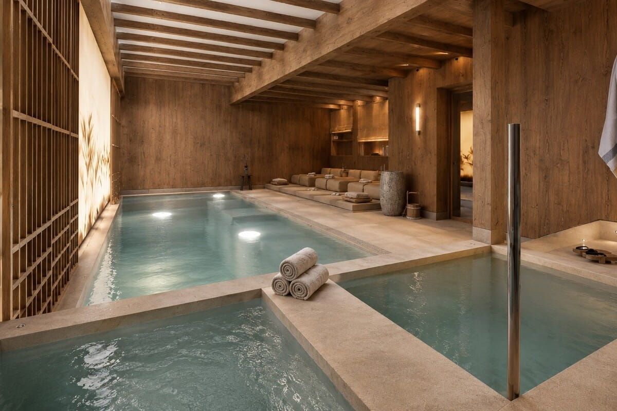 An indoor spa pool area with a long rectangular pool, a smaller hot tub in the foreground, rolled towels on the pool edge, and warm wood walls and ceiling in a luxurious room.