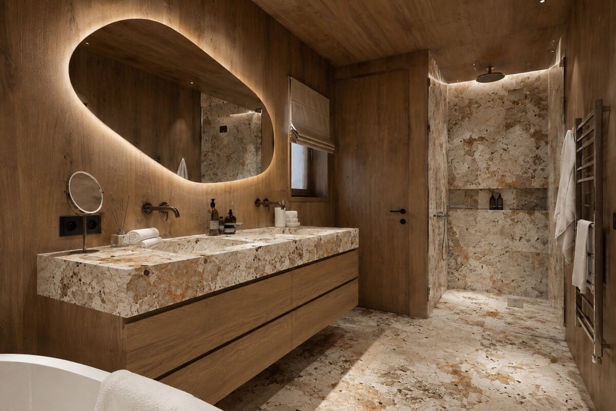 A luxury modern bathroom featuring a double vanity with a large organic-shaped backlit mirror, a floating wood and stone countertop, and a stone-tile shower enclosure in the background.