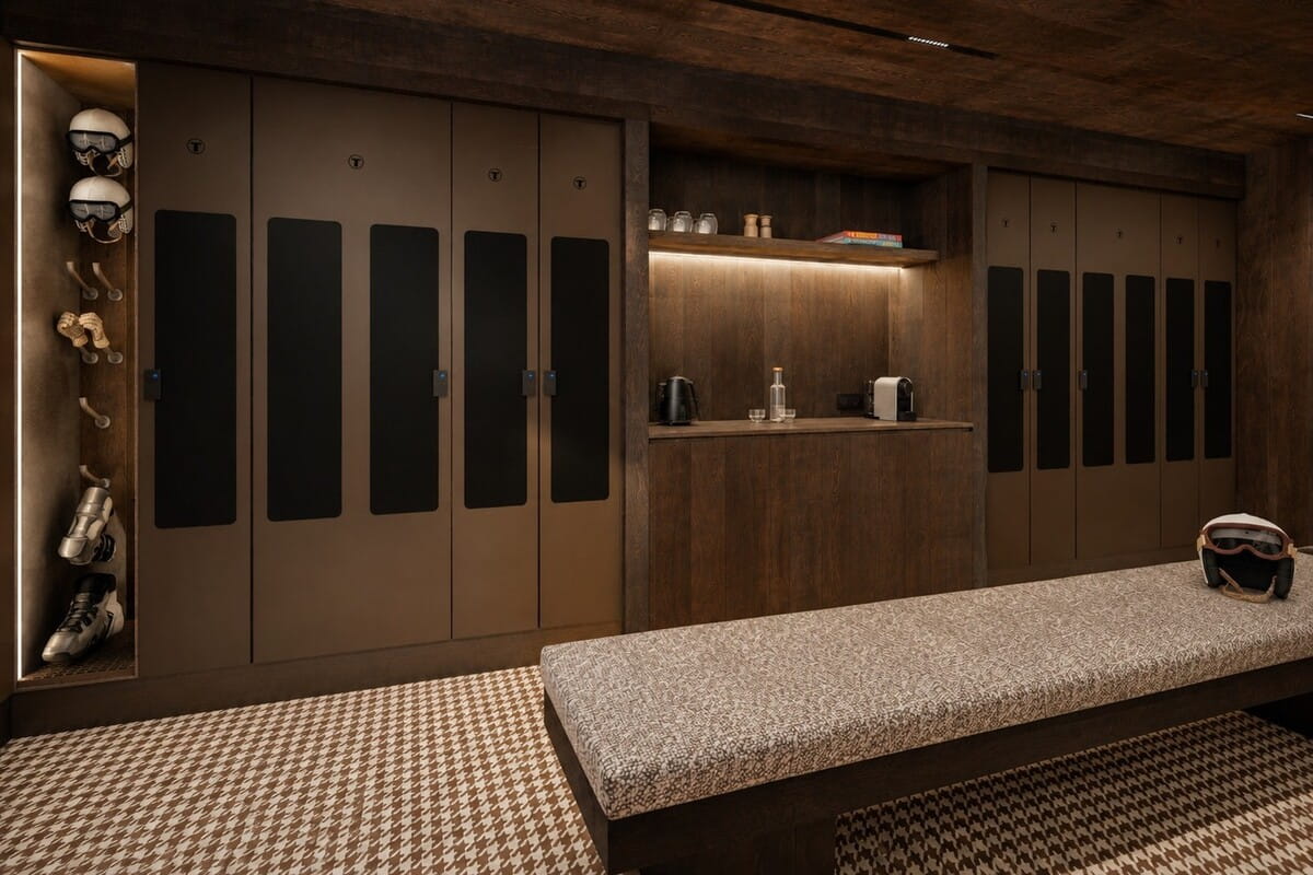 A modern ski locker room with dark wood cabinets, illuminated shelves, a checkered floor, and a low bench with a speckled cushion in the foreground.