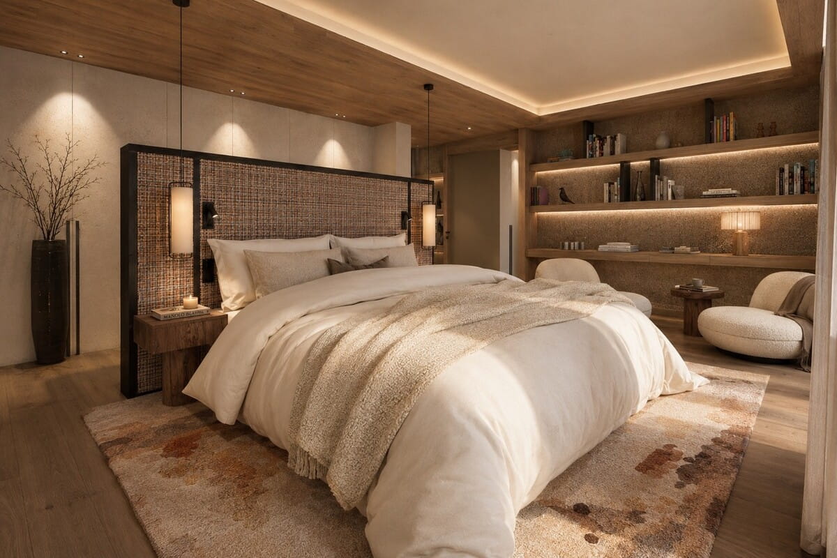 A modern bedroom interior featuring a large bed dressed in white bedding and a textured beige throw, set against a dark woven headboard. The room has warm wood ceiling panels, built-in shelving with books and lamps, and a patterned rug on a light wood floor.
