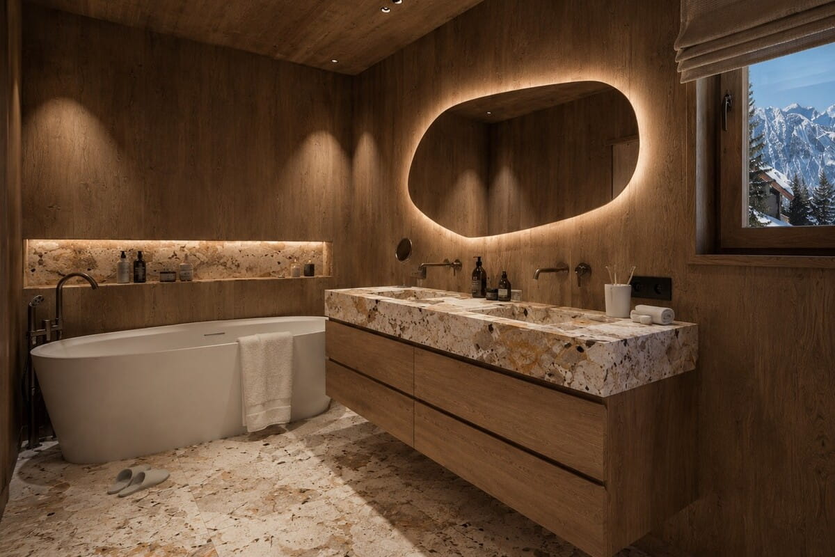 Luxury bathroom interior with a freestanding white bathtub, double-sink vanity with a speckled stone countertop, wood-paneled walls, an oval backlit mirror, and a window showing snowy mountains outside.