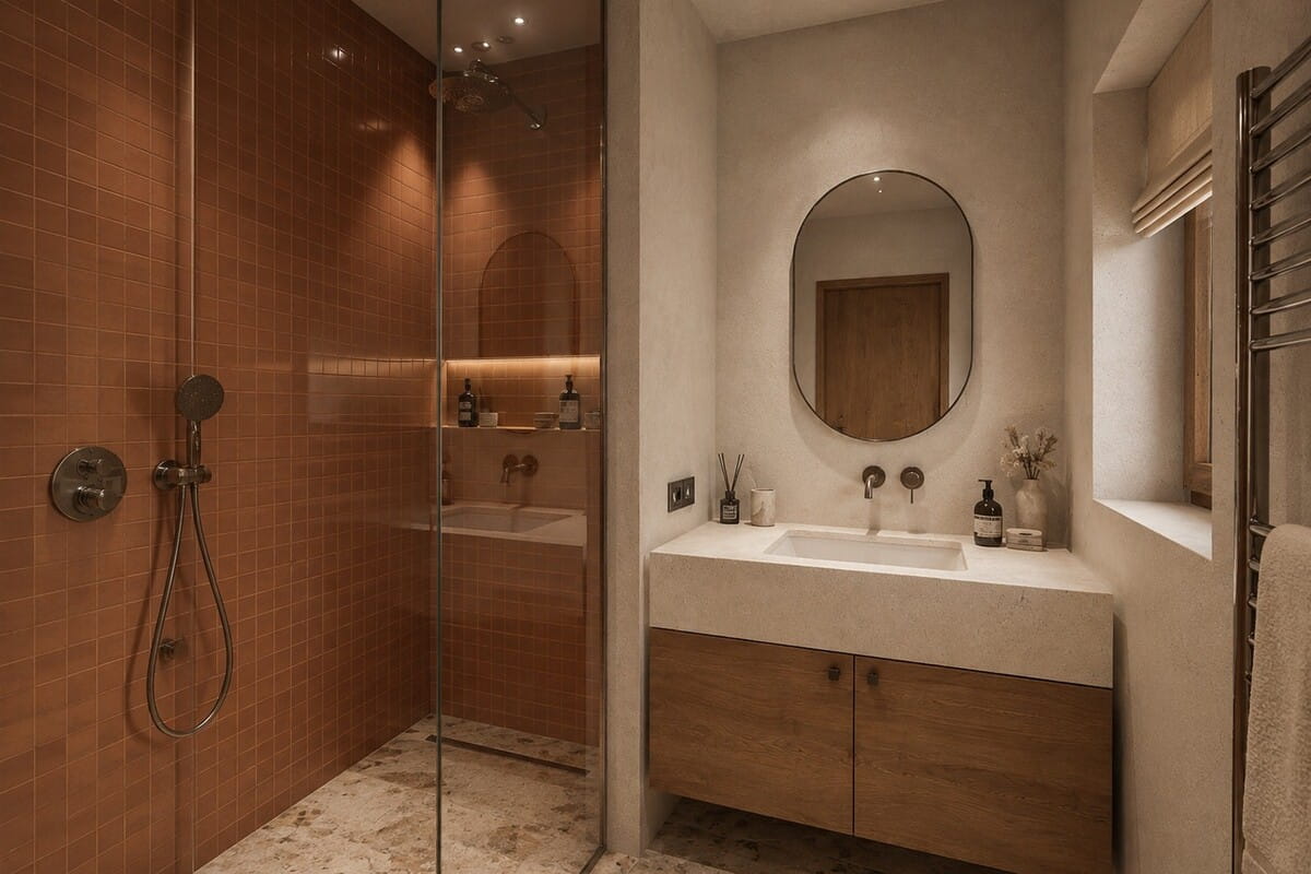 A modern bathroom interior featuring a walk-in shower with warm terracotta tiled walls, a glass door, and a matching vanity with a white countertop, wood cabinet, and an oval mirror.