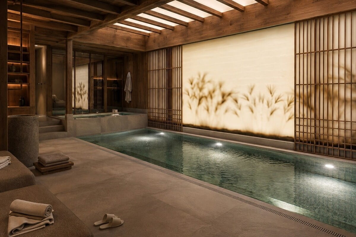 An indoor spa-style pool area with a long rectangular pool, warm wood ceiling beams, slatted screens, and a large illuminated beige wall with a bamboo-like pattern. Folded towels and a pair of sandals are placed on the deck.