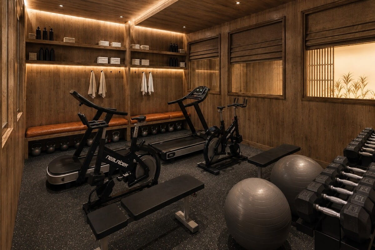 A modern indoor gym room with wood-paneled walls and ceiling, featuring a treadmill, two exercise bikes, weight benches, a dumbbell rack, and large gray exercise balls.