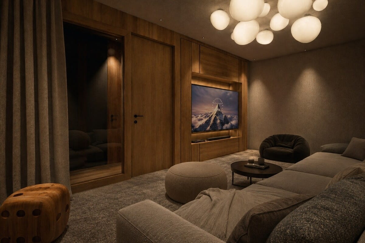 A modern home theater or living room interior with a large sectional sofa, round ottomans, a small black coffee table, a wall-mounted TV showing a mountain scene, wood-paneled walls, and a cluster of spherical pendant lights on the ceiling.