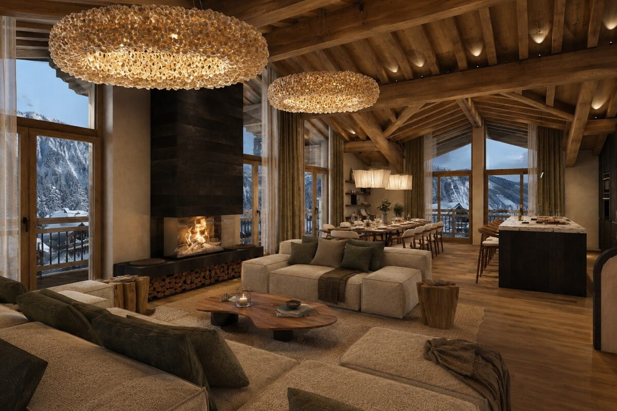 Luxury chalet-style living room with exposed wood ceiling beams, two large textured pendant chandeliers, a fireplace, sectional sofas, a coffee table, and mountain views through floor-to-ceiling windows.