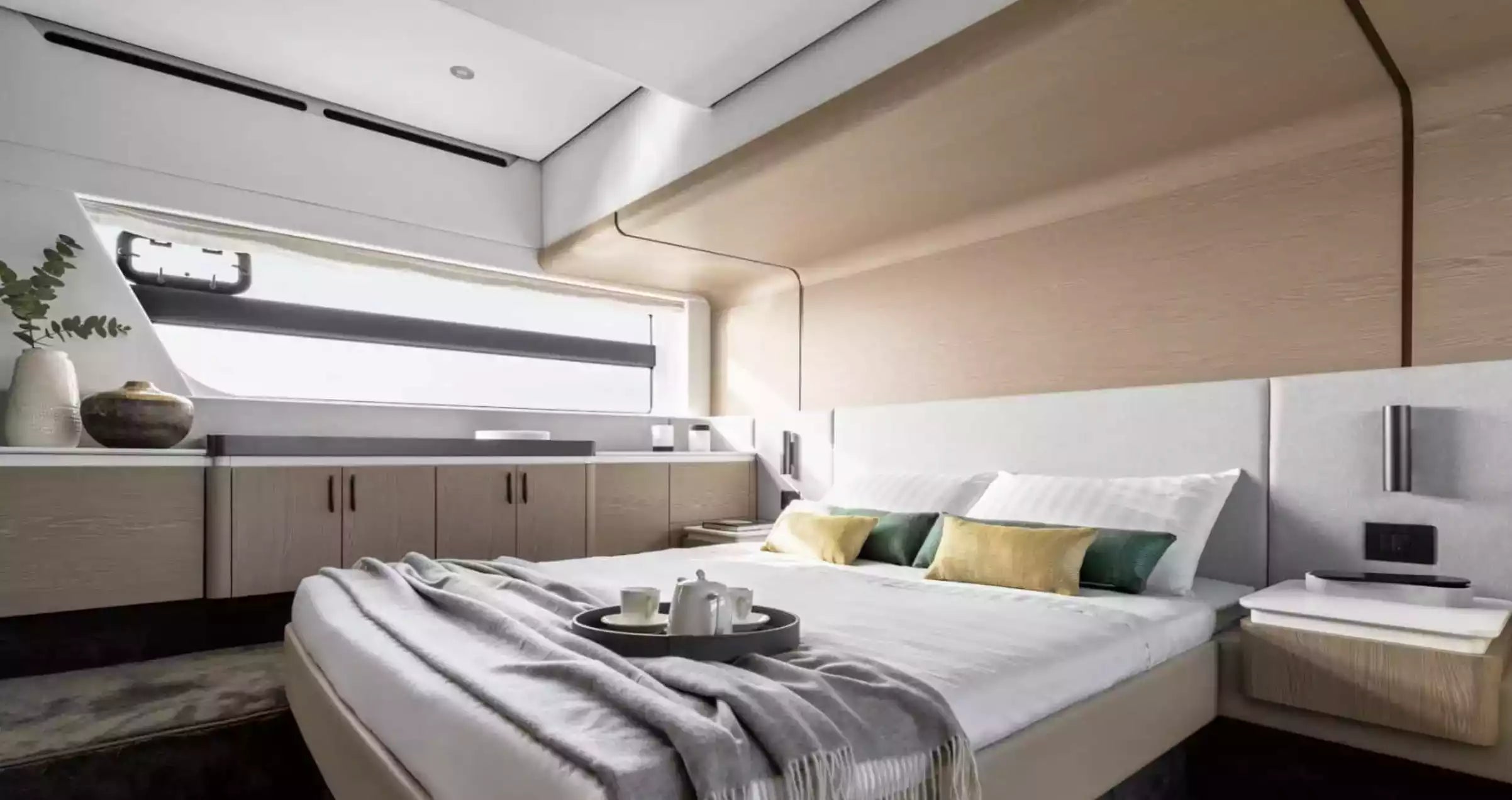 Modern bedroom interior with a bed, side tables, and large window.