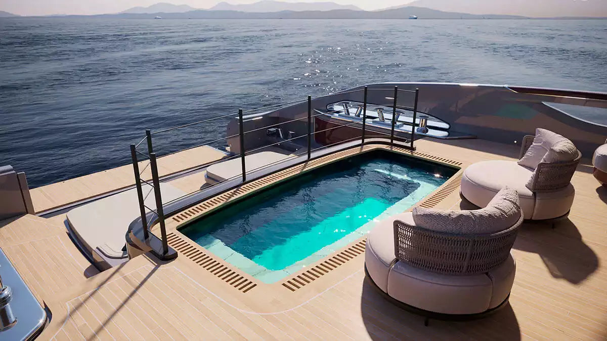 Yacht deck with pool and seating area overlooking the ocean