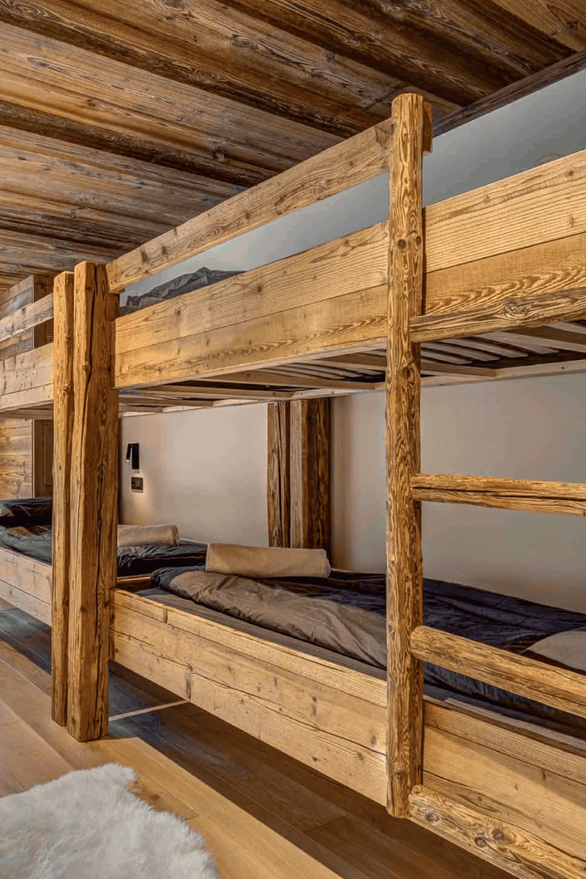 A rustic wooden bunk bed with thick beams and a ladder, styled in a modern alpine chalet with light wood floors, white walls, and a window looking out onto a snowy landscape.