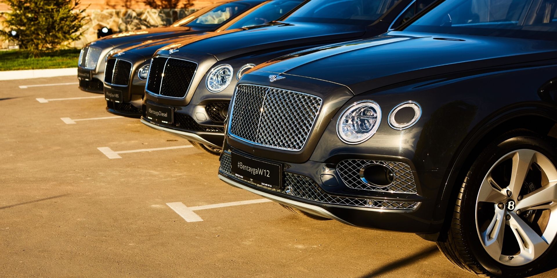 Row of luxury Bentley cars parked in a lot
