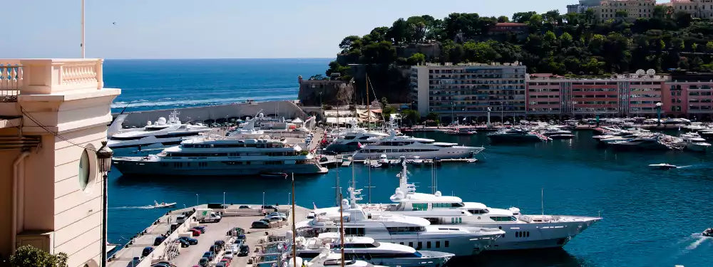 Marina with luxury yachts and buildings on a hillside, under a clear blue sky.