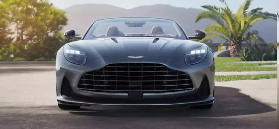 A front-facing view of a dark gray Aston Martin sports car parked outdoors on a paved surface with blurred trees, mountains, and a palm tree in the background.