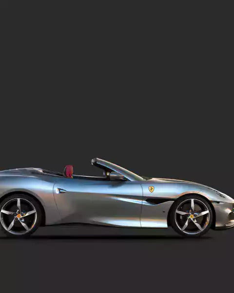 Silver Ferrari sports car on a black background