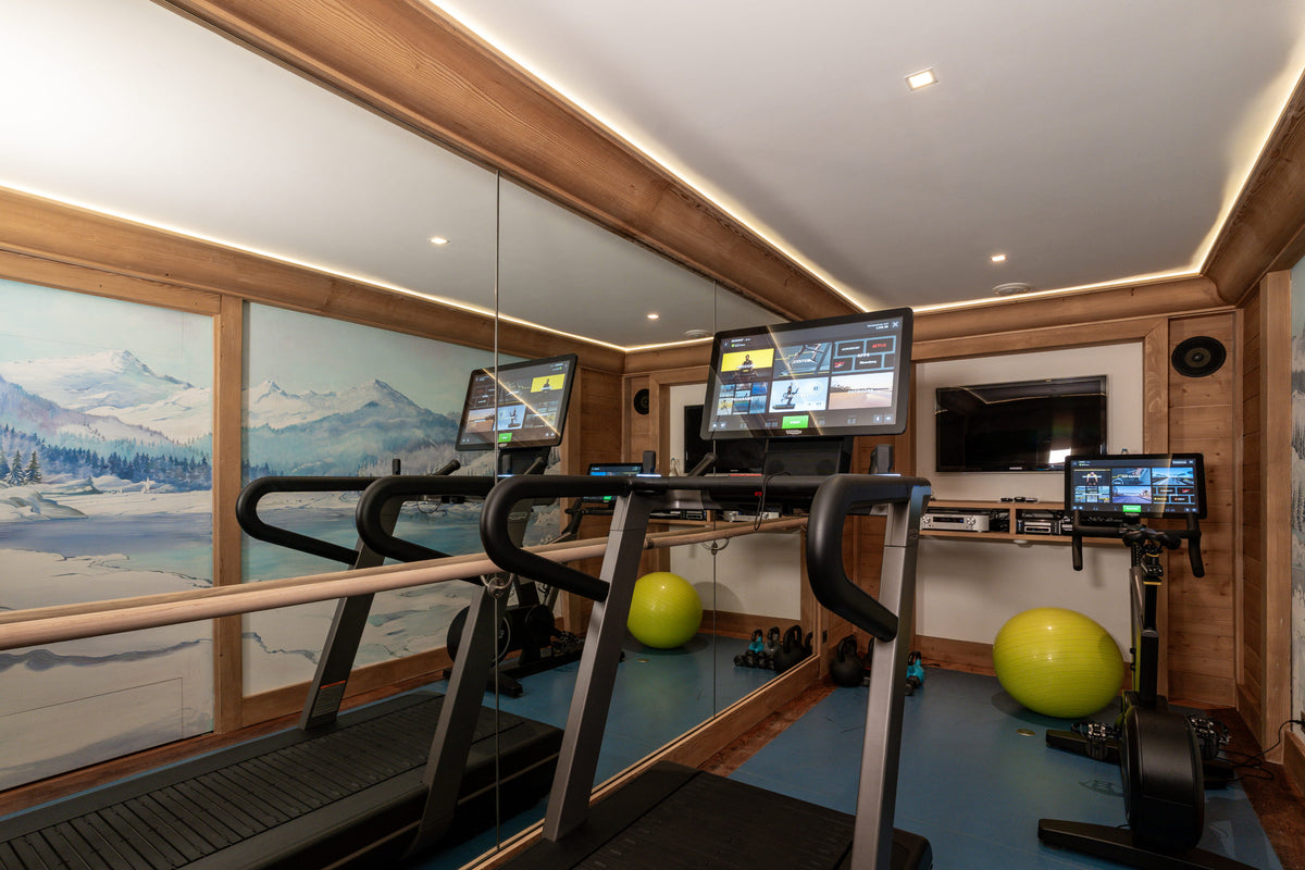 A high-end indoor gym setup featuring two treadmills with mounted screens, a wooden handrail, wall mirrors, and scenic mountain mural artwork on the walls.