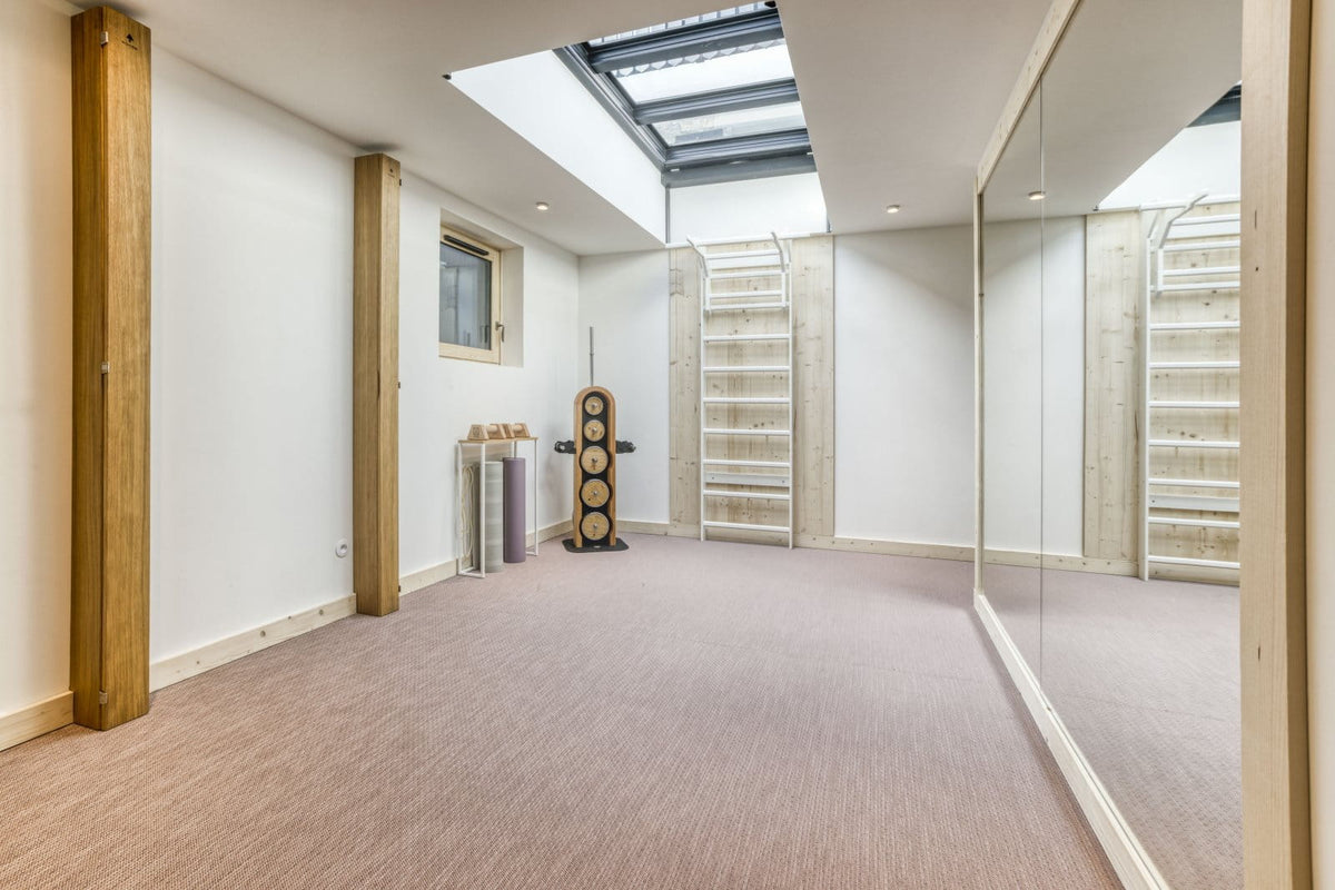 A spacious home theater or dressing room with a light pink carpet, white walls, wooden beams, a large mirrored wardrobe door, built-in shelving, and a skylight.