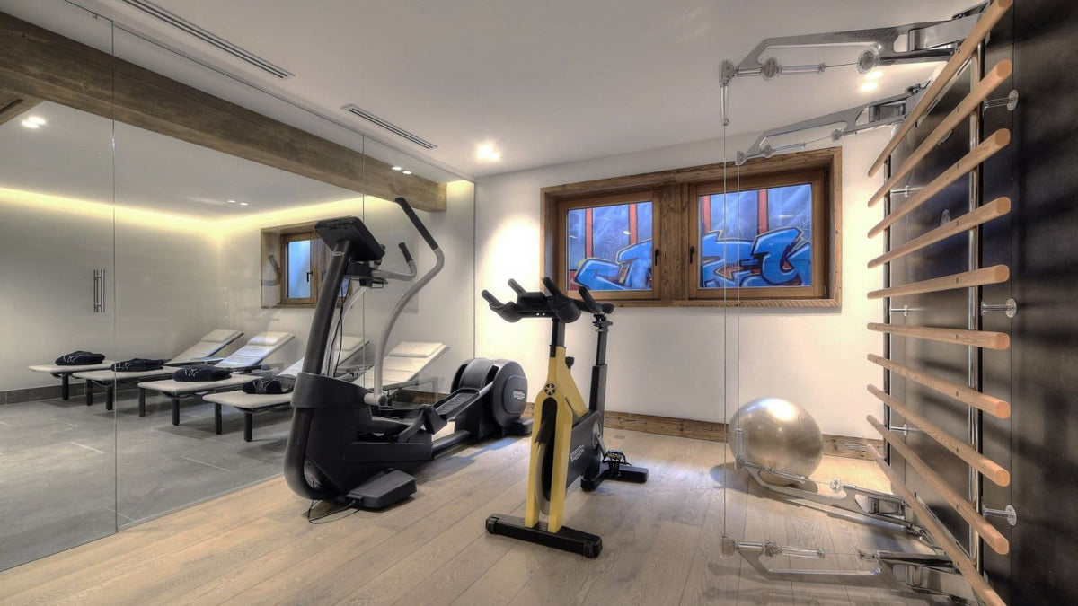 A modern home gym interior with multiple exercise machines, including a rowing machine, an indoor cycling station, a cable pulley system on the right wall, a silver stability ball, and a glass mirror reflecting lounge chairs in the background.