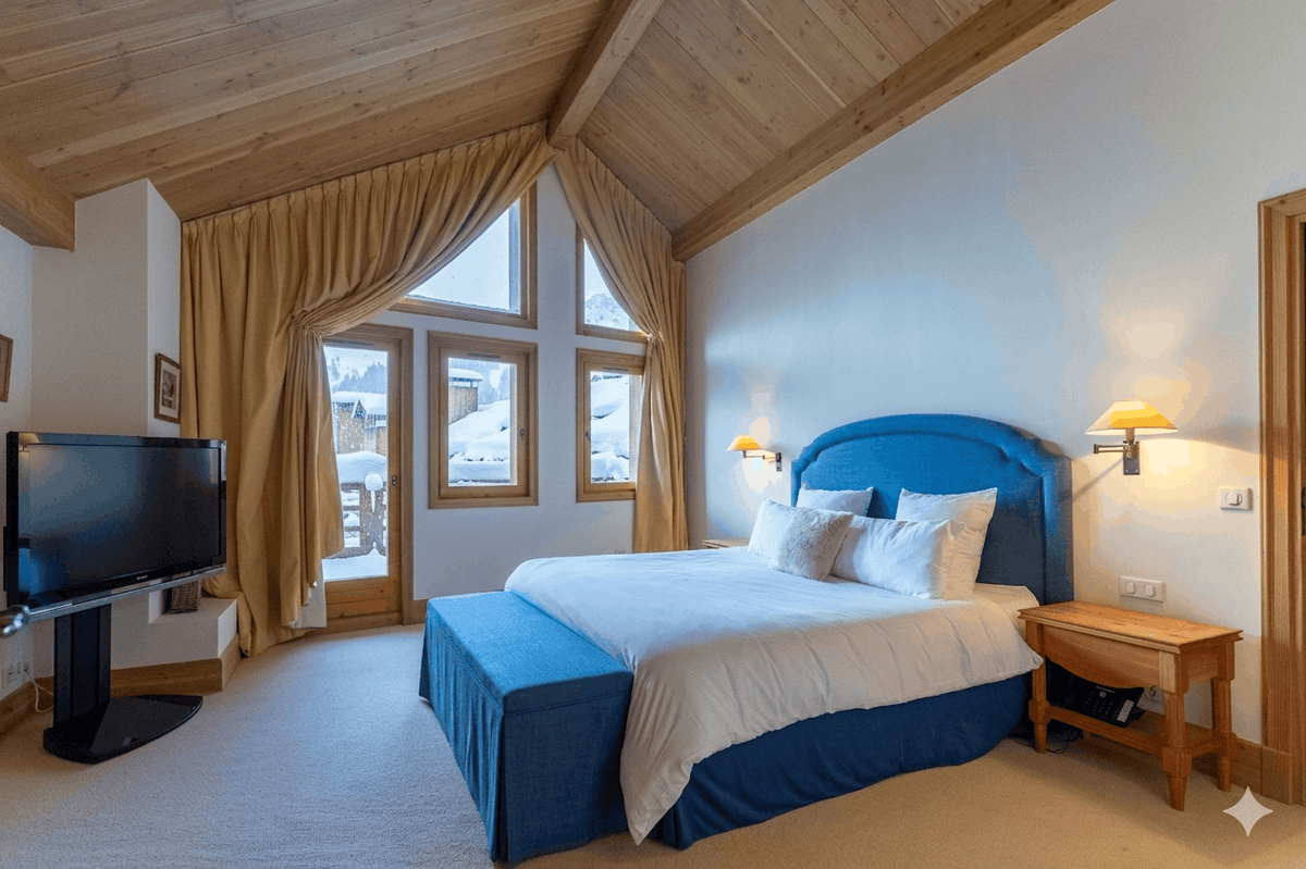 A luxury ski chalet bedroom featuring a large bed with a blue upholstered headboard and matching blue bed skirt, white bedding, a wooden nightstand, and a large flat-screen TV mounted on the wall.