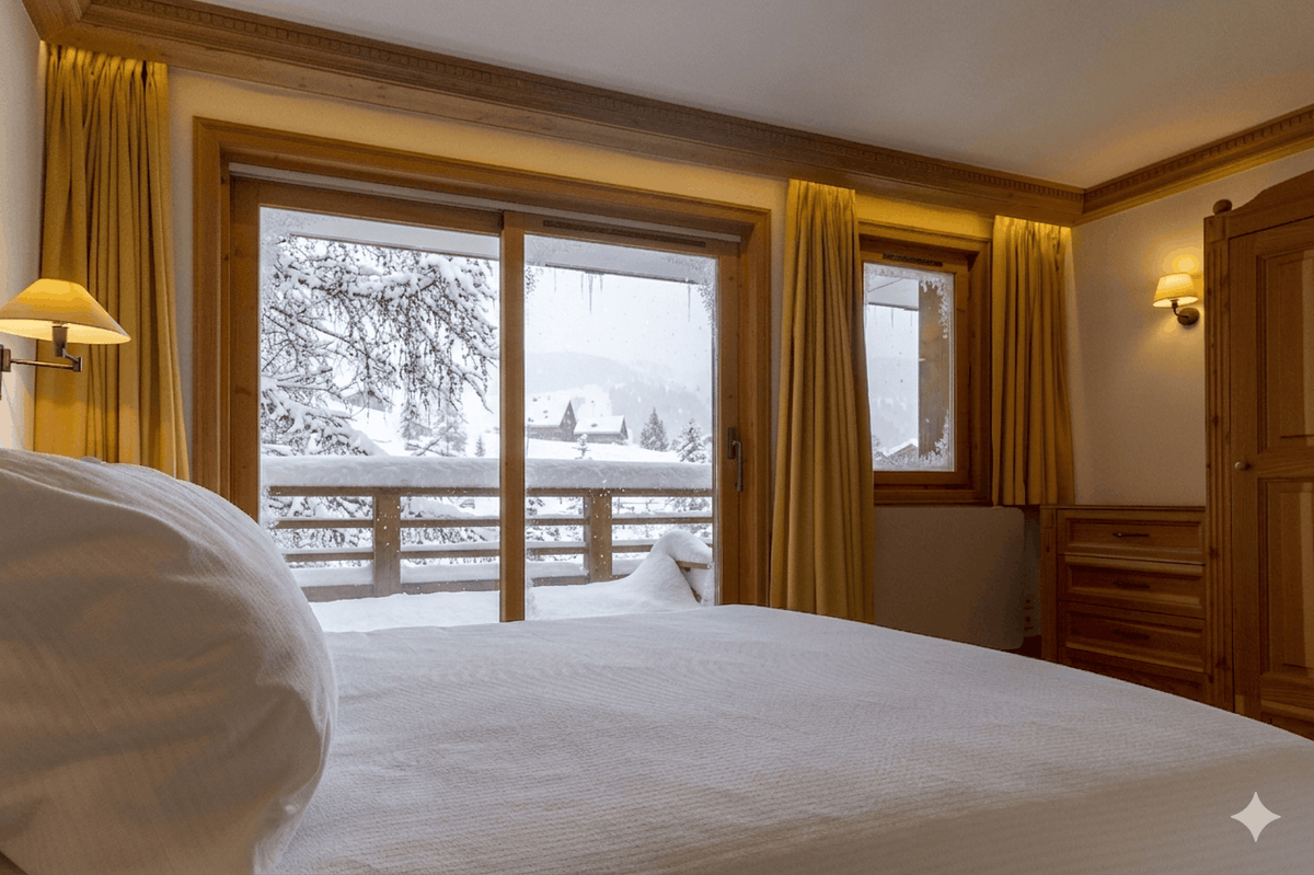 A cozy bedroom with a neatly made bed in the foreground, warm wood trim, golden curtains, and a large window overlooking a snowy outdoor scene.