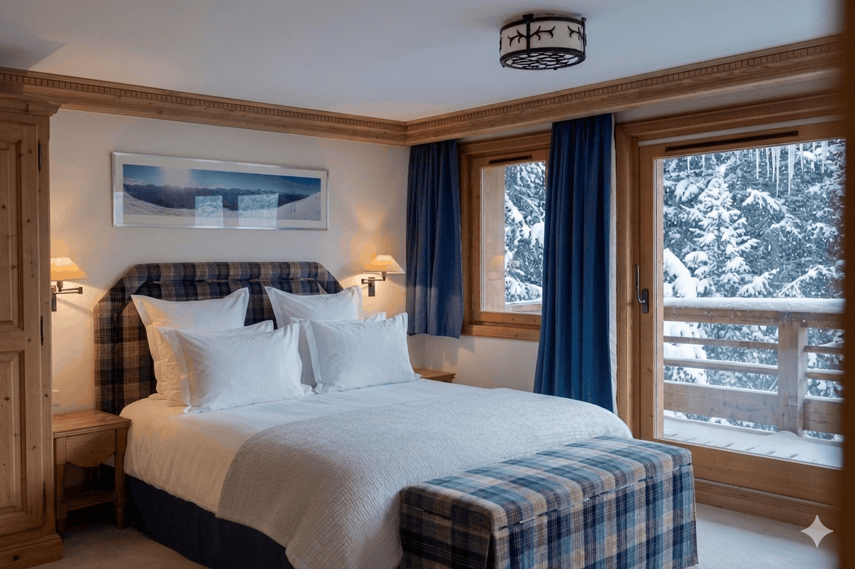 A luxury ski chalet bedroom featuring a large bed with white bedding, a blue and beige plaid headboard and matching bench, wooden walls, and large windows with blue curtains showing a snowy forest view.