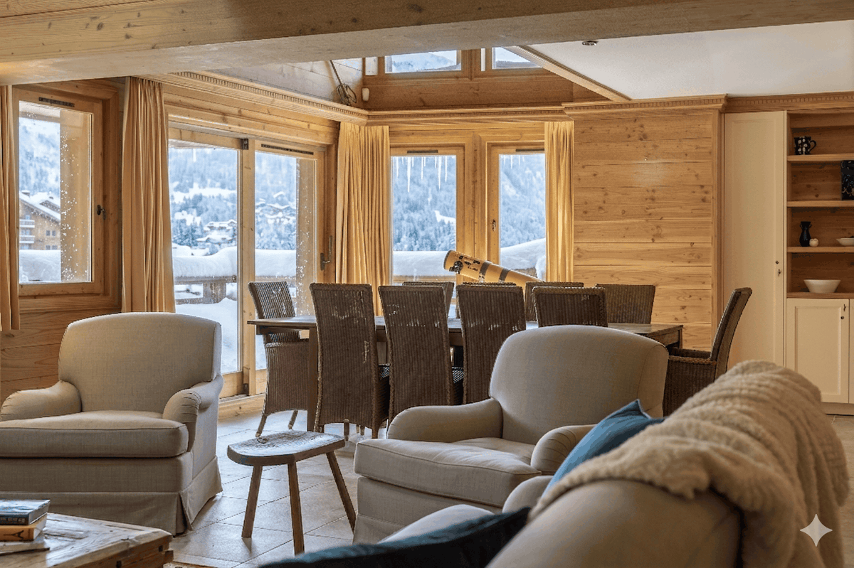 A warm, modern chalet-style living room with light wood paneling, large windows showing a snowy mountain view, upholstered armchairs, a dining table with dark chairs, and a cozy foreground sofa with a cream throw blanket.