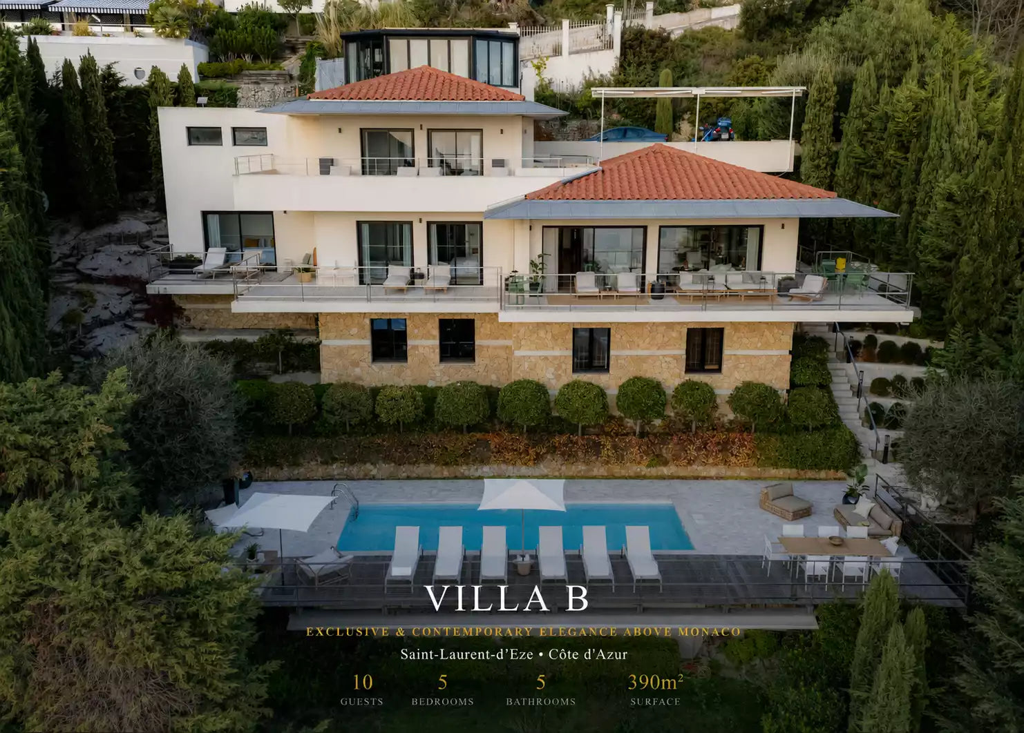 Aerial view of a luxurious villa with a pool and surrounding greenery.