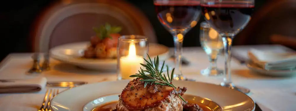 A plated cooked fish or meat dish garnished with a sprig of rosemary on a dining table, with wine glasses, a candle, and another plate in the softly blurred background.