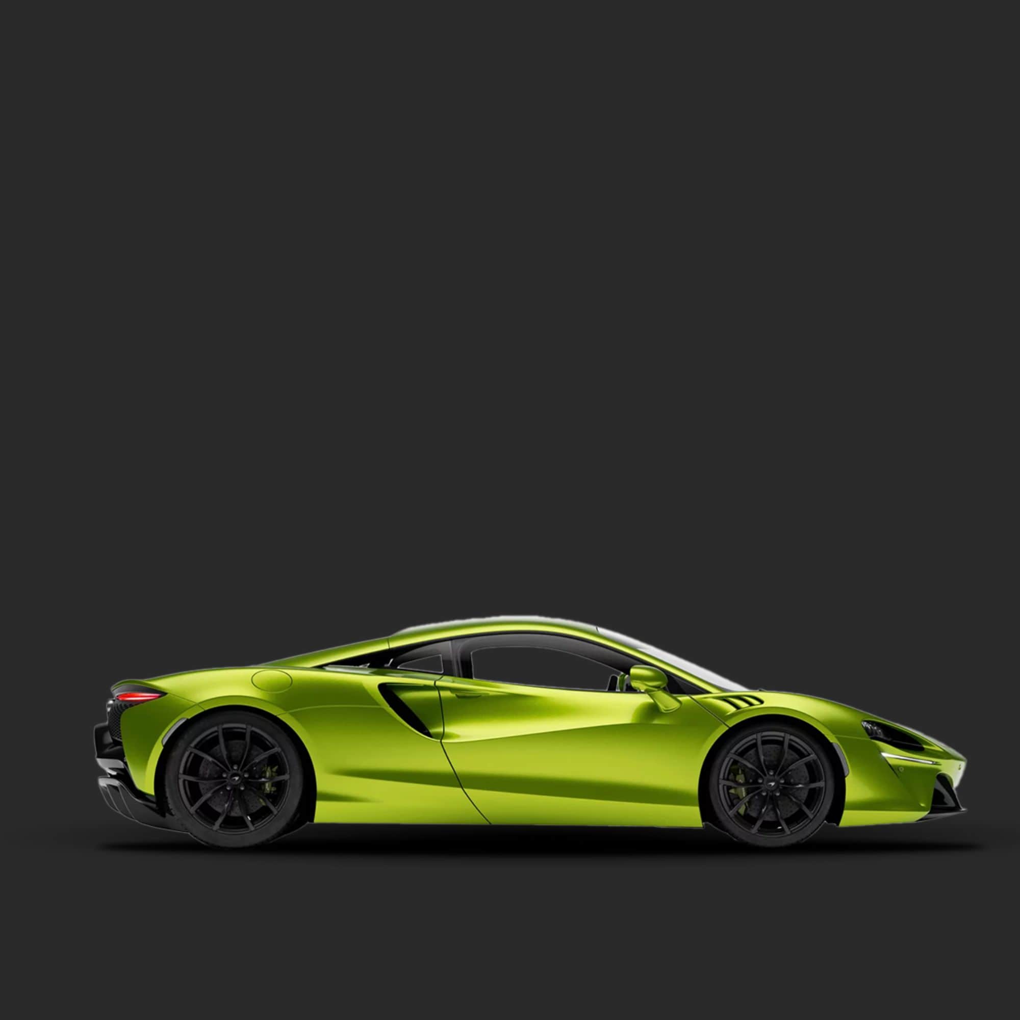 A bright lime green sports car shown in a clean side profile against a dark charcoal background.
