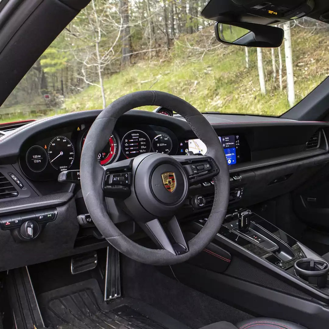 Car interior with steering wheel and dashboard, showing a forest outside the window.