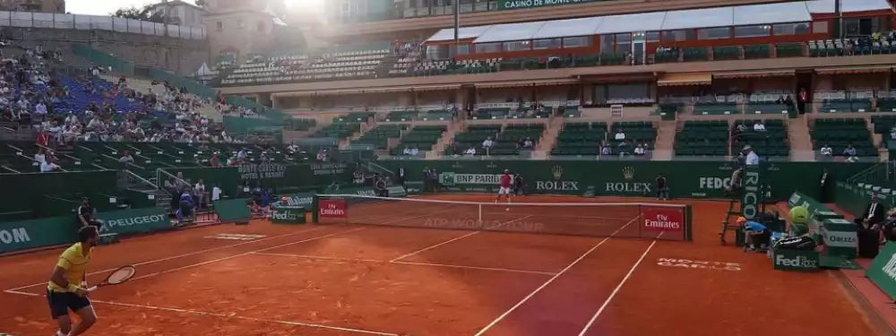 Tennis match on a clay court with spectators and advertisements in the background