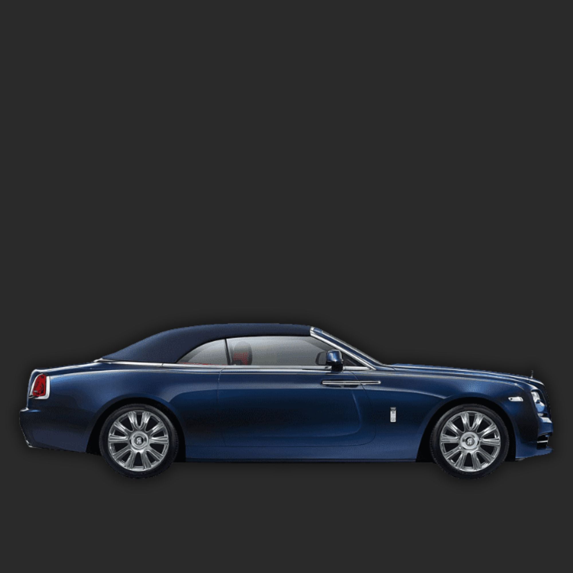 Side view of a blue luxury car on a dark background