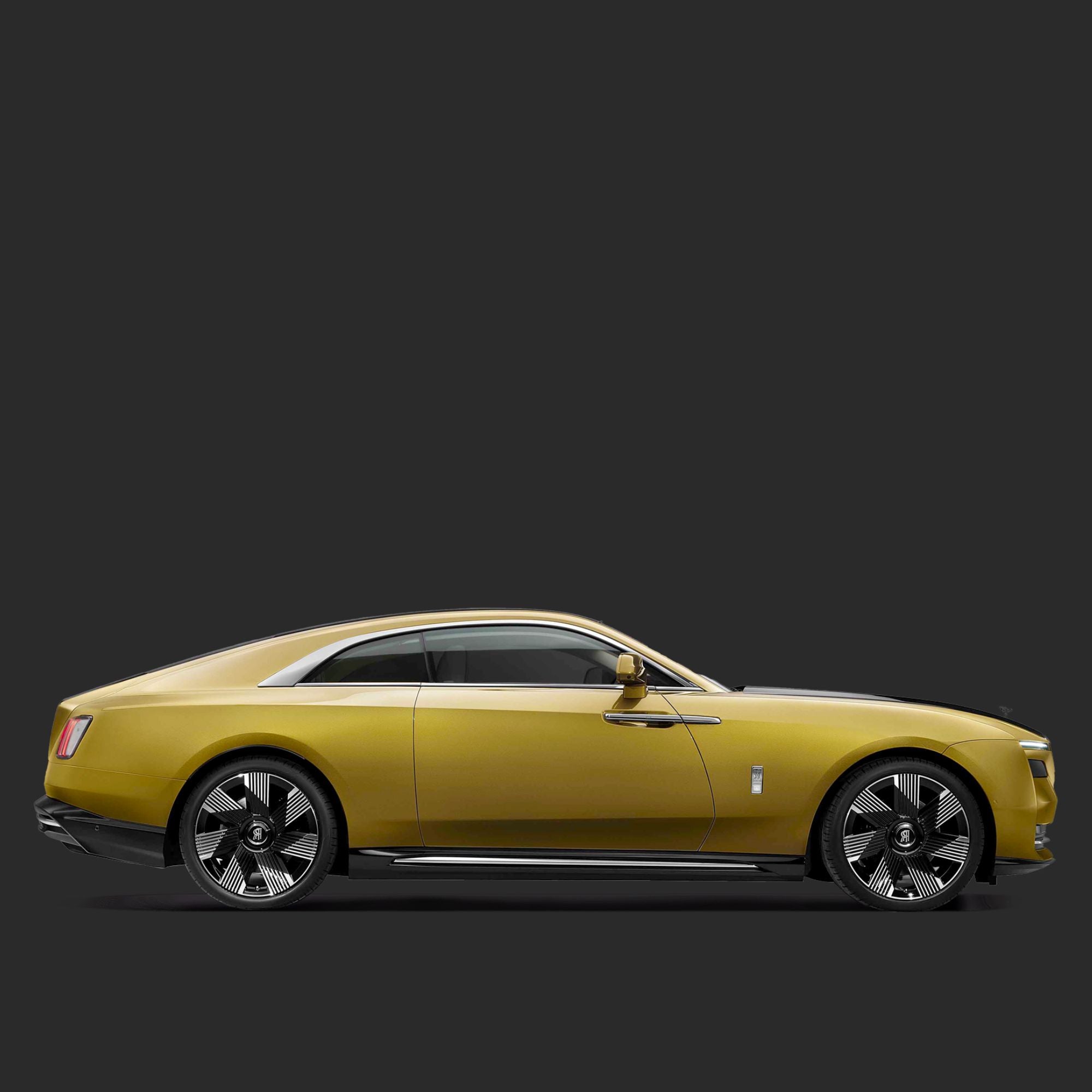 A side profile view of a luxury coupe car in metallic gold, featuring a sleek design, dark tinted windows, and multi-spoke alloy wheels, set against a solid dark gray background.