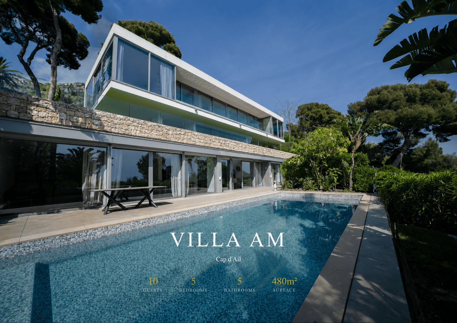 Modern villa with a pool and surrounding greenery under a clear blue sky.