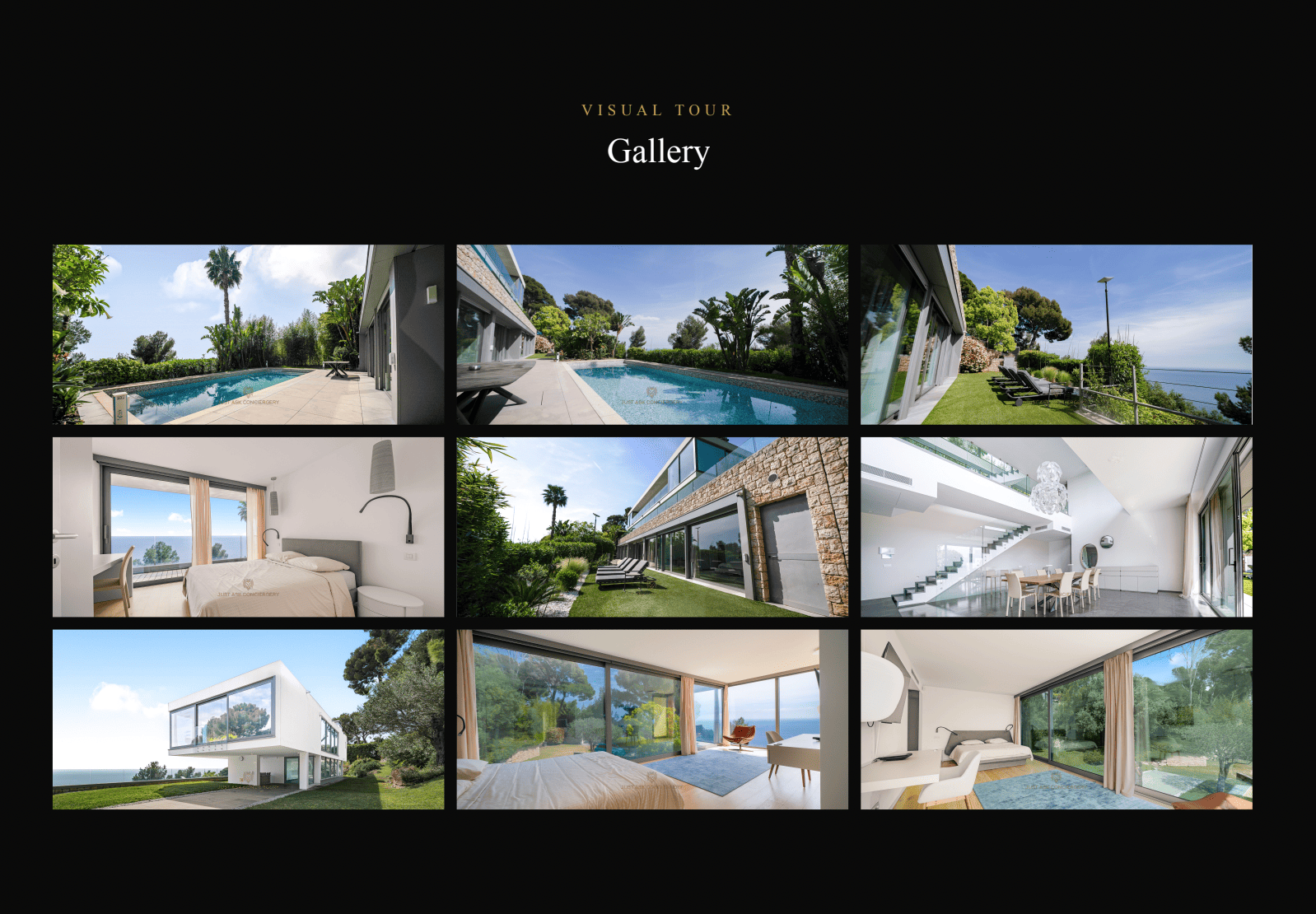 Collage of images showing a modern house with various rooms and outdoor views.