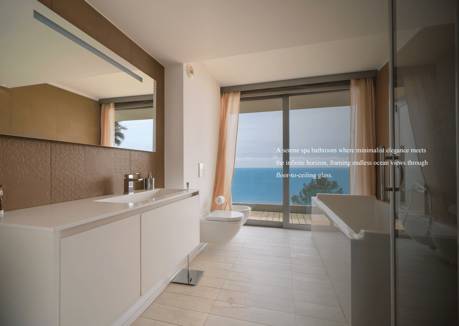 Modern bathroom with a large window offering a view of the ocean.
