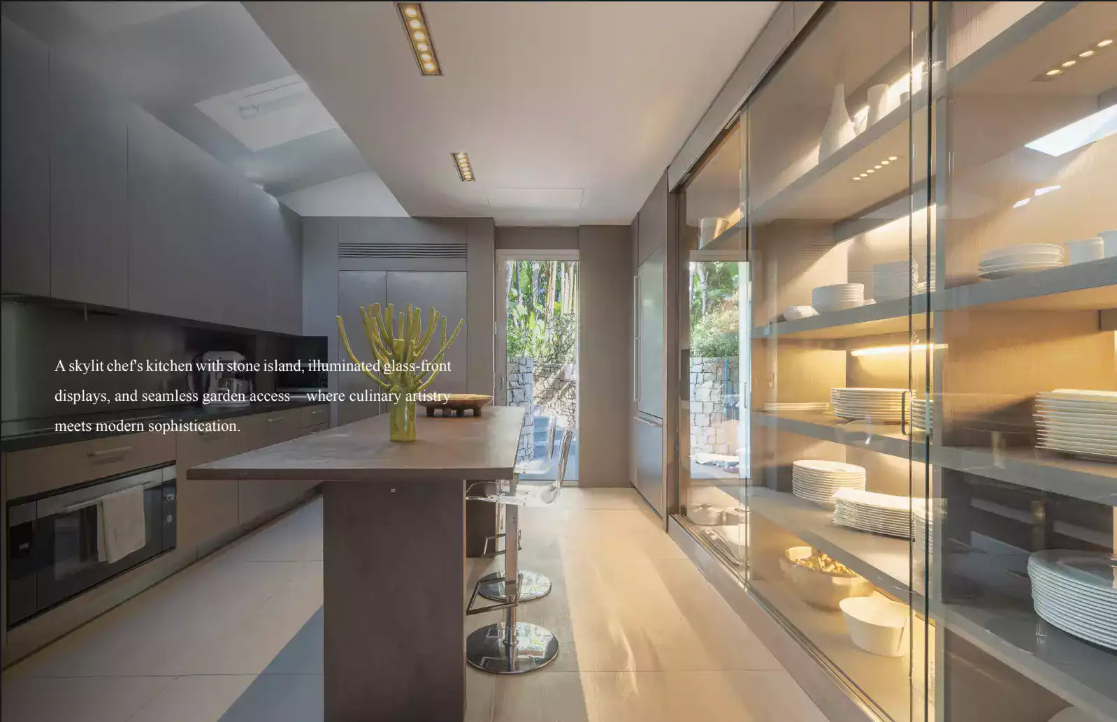 Modern kitchen with glass display cabinets and a view of the outdoors.