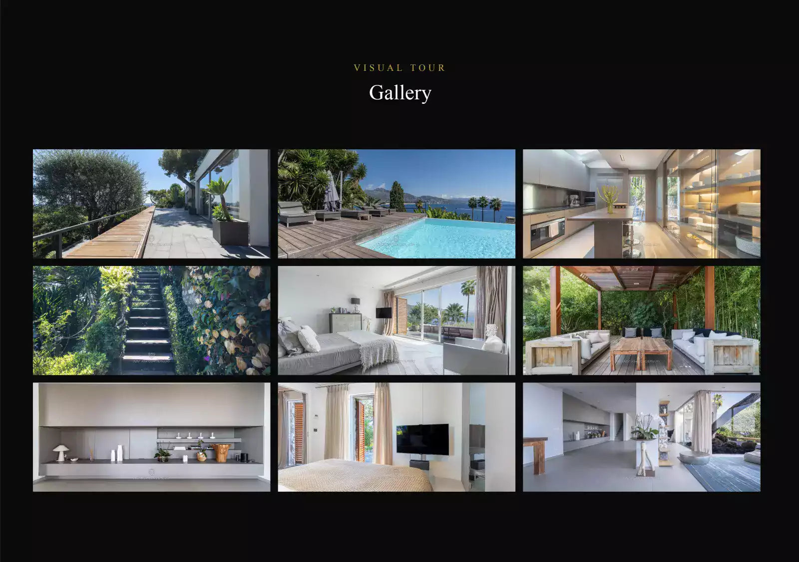 Collage of images showing a modern home interior and exterior with pool.