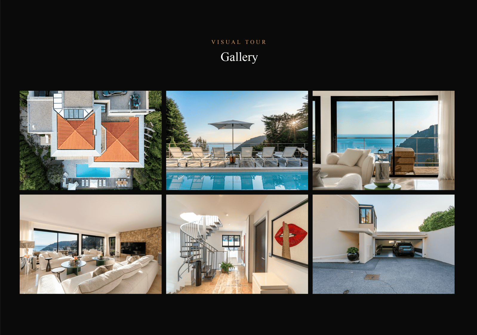 Collage of images showing a modern house with various views including a pool, living room, and exterior.