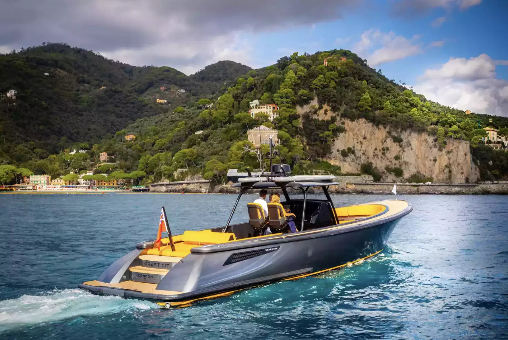 Speedboat on a body of water with a scenic background